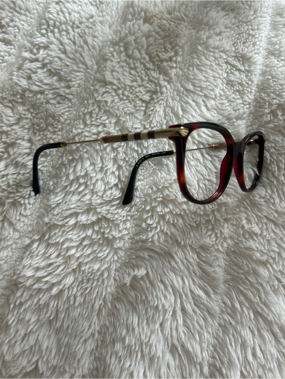 Burberry Red Tortoiseshell Cat-Eye Glasses with Signature Plaid Temples - Picture 7 of 8